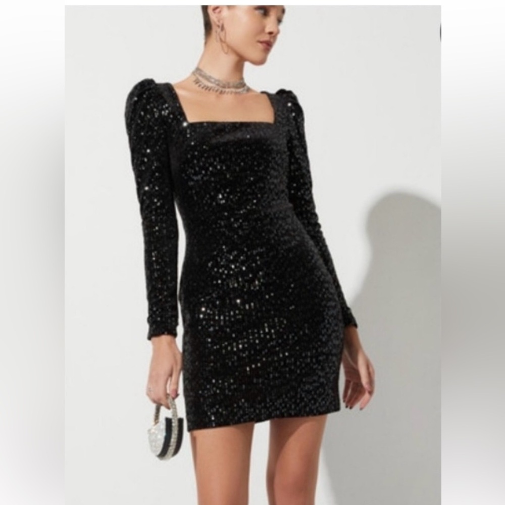 Audrey Parks Francescas black sequin puff sleeve open back mini dress size Small